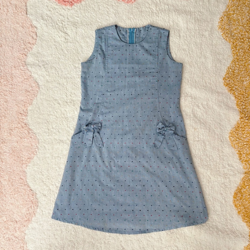 60s VINTAGE Blue Mod Polka Dot Bow Mini Shift Dress Pockets Cotton XS S